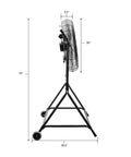 Side view of a 24 Inch Rolling Tilt Fan With 8600 CFM Industrial Airflow, featuring 180 Degree Rotating and 4 Inch Rear Wheels.