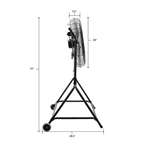 Side view of a 24 Inch Rolling Tilt Fan With 8600 CFM Industrial Airflow, featuring 180 Degree Rotating and 4 Inch Rear Wheels.