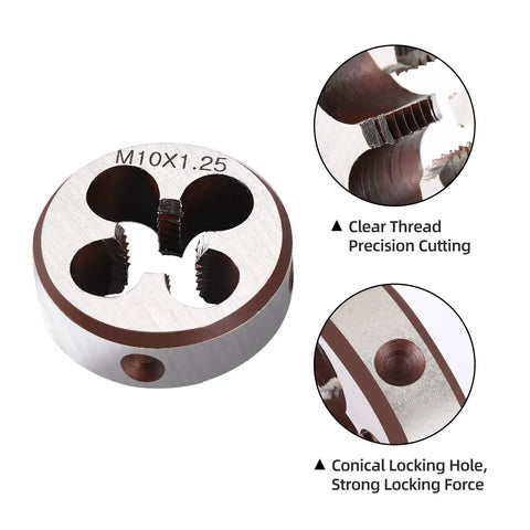 Pro Grade M10 X 1.25 Tap And Die Set For Metalworking, High Speed Steel HSS6542, showing close-up of round die and features