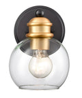 Modern Farmhouse Black And Gold Bathroom Wall Sconce with Wrought Iron Frame and Handcrafted Glass Globe