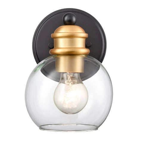 Modern Farmhouse Black And Gold Bathroom Wall Sconce with Wrought Iron Frame and Handcrafted Glass Globe