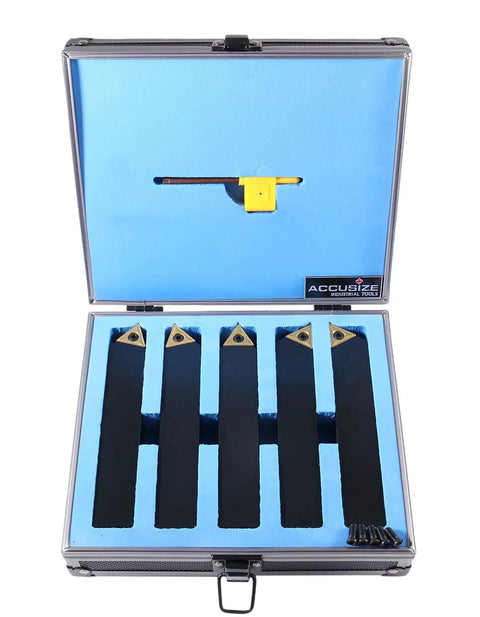 Pro Grade 1 Inch Shank 5 Piece Indexable Turning Tool Set With TiN Coated Carbide Inserts For Smooth Cuts, Positive Rake And 7 Degree Clearance, Includes STACR STNCR STECN STDCR STCCR Holders For Lathes And Turning Centers