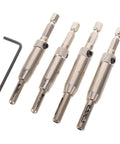 Beavorty Premium Steel And Carbide Tipped Electric Drill Pilot Bits For Cabinet Hinge Installations With Reinforced Guide Sleeve set of four drill bits and hex key