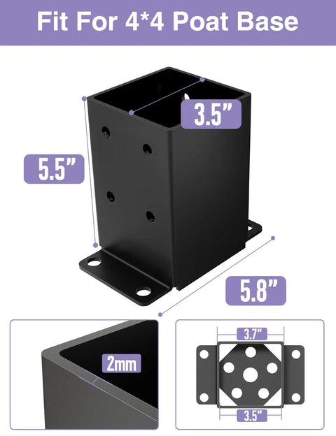 Image of 2 Pack Heavy Duty 4x4 Post Base Bracket Set With Anti Corrosion Coated 13GA Solid Steel Inner Size 3.5x3.5 Inches