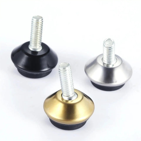 Three metal 20Pcs Adjustable Furniture Leveler Feet with M6 Threads for tables, chairs and cabinets on white background.