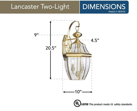Lancaster Traditional Two Light Outdoor Wall Lantern In Polished Brass Finish, dimensions labeled, classic exterior lighting.