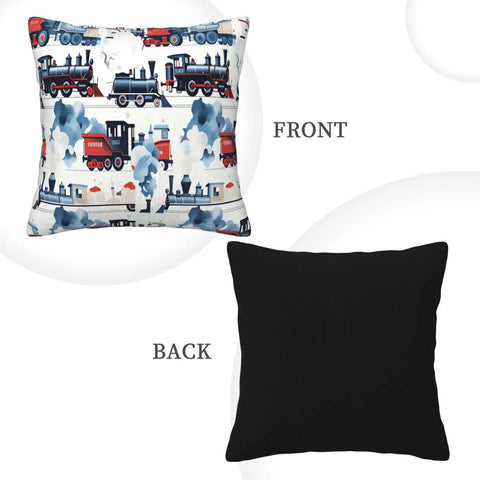 Front and back view of Dope Steam Train Locomotive Pillowcase Cover For Living Room And Bedroom, Retro Train Decor Throw Pillow Case 20x20 Inches.