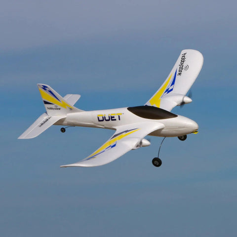 RC Airplane Duet S 2 Ready To Fly Starter Kit With Everything Included, plane in flight showing wings and tail design