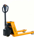 Heavy Duty Electric Pallet Jack 3300 Lbs Capacity 45X27 Forks Lithium Battery Powered Stand Up Walkie side view with black handle.