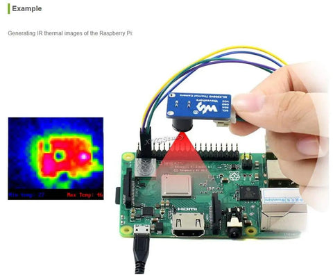 Plug And Play 32x24 Pixel Infrared Thermal Camera With 55 Degree Field Of View I2C Interface Three Point Three Volt And Five Volt Compatible Works With Raspberry Pi ESP32 STM32 Arduino For DIY Thermal Imaging shown connected to Raspberry Pi.