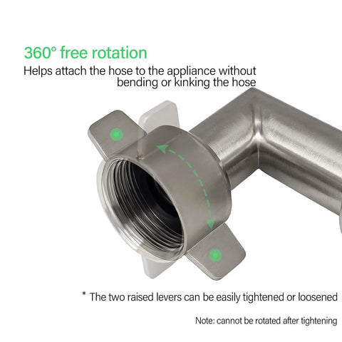Close-up of stainless steel 90-degree hose elbow connector with 3/4 in GHT threads and easy-grip levers