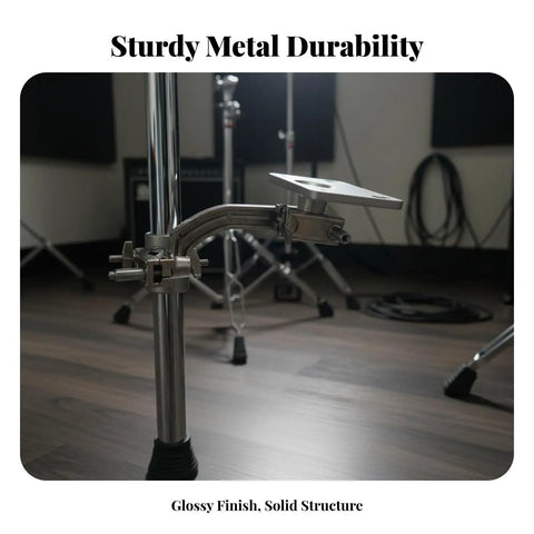 Electronic Drum Module Mounting Plate with Universal Clamp attached to drum stand, metal build for sturdy positioning in studio setup