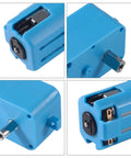Close-up of blue all-metal gear motors for robotics in DIY projects.