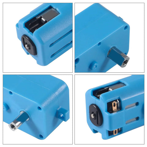 Close-up of blue all-metal gear motors for robotics in DIY projects.
