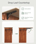 Drop Leaf Kitchen Island On Wheels With Two Drawers And Double Door Cabinets, Towel Rack And Spice Rack, Brown Finish showing drop leaf mechanism