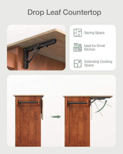 Drop Leaf Kitchen Island On Wheels With Two Drawers And Double Door Cabinets, Towel Rack And Spice Rack, Brown Finish showing drop leaf mechanism