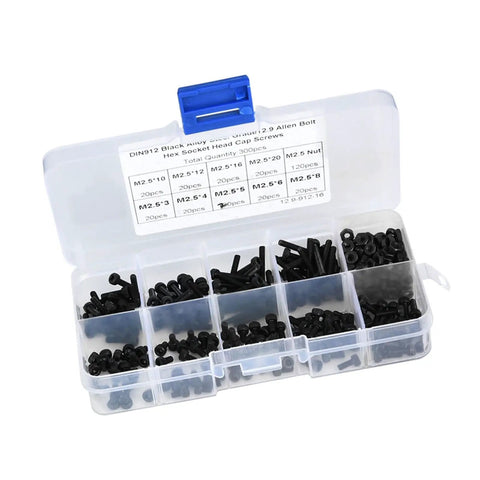M2.5 Hex Socket Head Cap Screws And Nuts Kit 300 Pieces 12.9 Grade Black Alloy Steel Assorted Lengths in plastic case