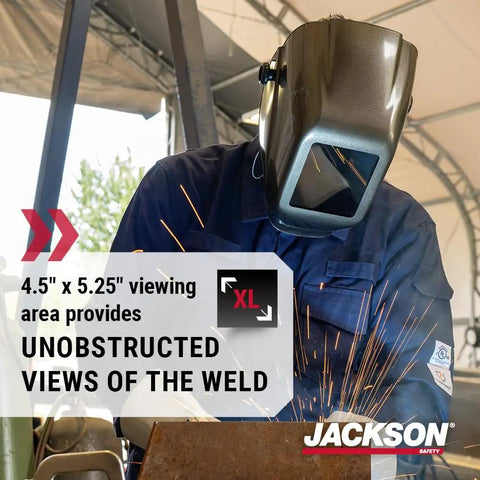 Welder using HLX 100 Welding Hood Lightweight Fixed Front Helmet Shade 10 ANSI Z87.1 Hydraflex Shell in heavy metal gray