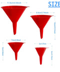 Four red funnels with dimensions from Five Piece Plastic Oil Funnel Set For Auto Large Flexible Wide Mouth Funnels With Detachable Spout And Filter Includes Long Hose A Must Have For Water Gasoline Coolant And Engine Oil Transfer