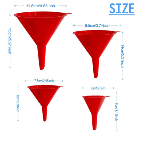 Four red funnels with dimensions from Five Piece Plastic Oil Funnel Set For Auto Large Flexible Wide Mouth Funnels With Detachable Spout And Filter Includes Long Hose A Must Have For Water Gasoline Coolant And Engine Oil Transfer