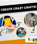 Collage showing uses of duct tape: making a cup, DIY boat, and a wallet with folded cash, captioned 'Create Crazy Crafts!'