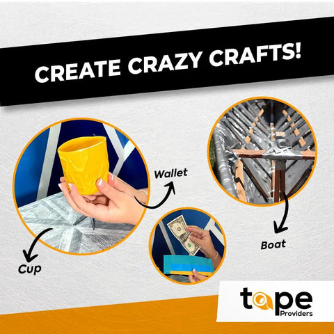 Collage showing uses of duct tape: making a cup, DIY boat, and a wallet with folded cash, captioned 'Create Crazy Crafts!'