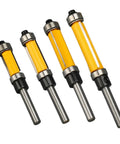 Cool Flush Trim Router Bit Set With 1/4 Inch Shank Plus Heavy Duty 1/2 Cut Diameter For Smooth Wood Trimming and Professional Grade Finish, four router bits with yellow and black accents.