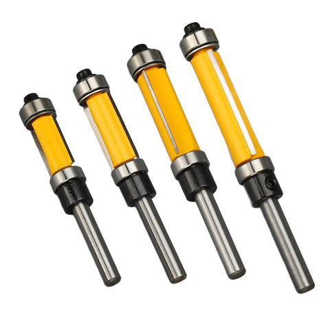 Cool Flush Trim Router Bit Set With 1/4 Inch Shank Plus Heavy Duty 1/2 Cut Diameter For Smooth Wood Trimming and Professional Grade Finish, four router bits with yellow and black accents.
