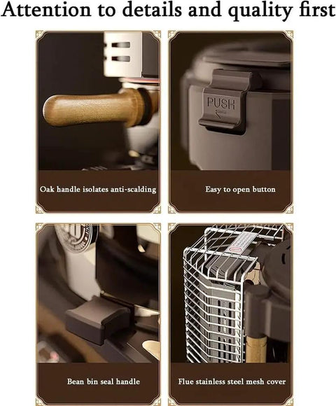 Level Up Your Home Barista Game With This Pro Grade Electric Coffee Bean Roaster featuring oak handle, easy button, bean bin seal.