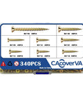 Box of M4 Wood Screws Assortment Kit 340 Pcs with 7 lengths, yellow zinc plated, for woodworking and DIY projects.
