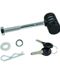 Heavy Duty Threaded Hitch Locking Pin For 50025 Bike Rack, solid steel no wobble design with keys and components shown