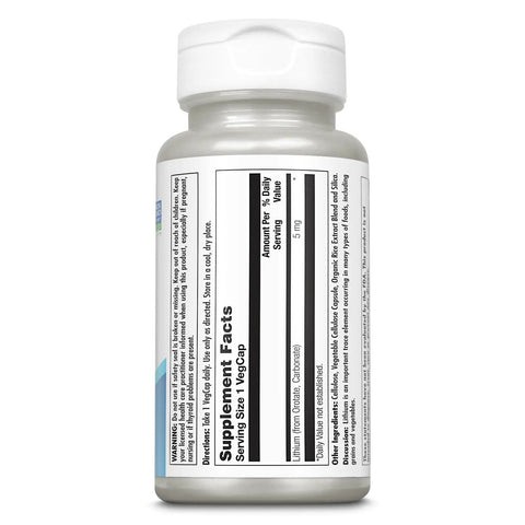 Side view of Lithium Orotate 5mg Chelated Supplement For Mood Support And Better Bioavailability In Organic Rice Bran Extract Base 60 Veg Caps Vegetarian Friendly Plus bottle showing supplement facts