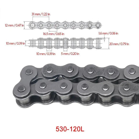 Close-up of 530 chain from Beefed Up 44 Inch Rear Live Axle Kit With 530 Chain Hydraulic Brake Caliper Wheel Hubs Rotors Pillow Block Bearings.