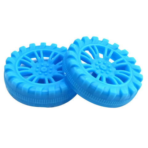 Two blue wheels from 300 Pcs Toy Wheels And 150 Pcs STEM Shafts For DIY RC Cars Boats And Helis Build Your Own Model Projects