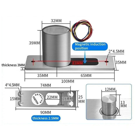 12V Mini Electric Bolt Lock Solenoid With Five Wire Feedback Sensor dimensions diagram with stainless steel components for installation.