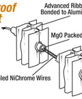 Diagram of 3K1207BW 750-Watt 120-Volt Baseboard Heater showing aluminum ribbon fin element and internal components.