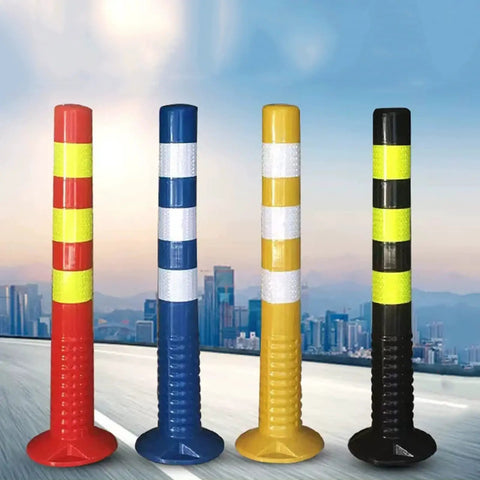 Rock Solid 29.5 Inch Reusable Delineator Post Featuring Sharp Reflective Stripes For No Sweat Parking Lot Flow And Reliable Road Work Zone Safety Markers Black Two Pack - red, blue, yellow, and black delineator posts shown outdoors.