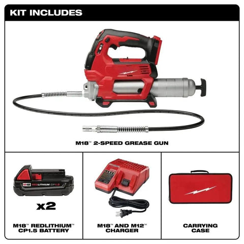 Professional Cordless Grease Gun Kit Fits Milwaukee M18 Platform With Hard Shell Carry Case, M18 battery and charger included.