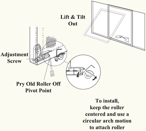 Installation diagram for Four Pack One And One Quarter Inch Sliding Screen Door Wheel Replacements With Tension Springs And Concave Steel Ball Bearing Rollers Fits Most Sliding Screen Doors Replaces B 515 And B 714 Universal Compatibility.