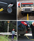 Lifting strap close-up: yellow nylon eye-to-eye strap, 2in wide by 6ft, 2-pack.
Front view: yellow nylon lifting strap under SUV bumper for vehicle recovery.
Side view: worker guides yellow 2in by 6ft lifting strap to hoist a pipe.
Installed use: yellow eye-to-eye lifting strap attached under rear of car for recovery.