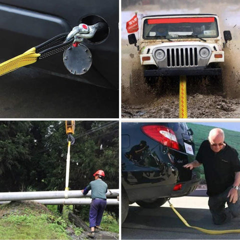 Lifting strap close-up: yellow nylon eye-to-eye strap, 2in wide by 6ft, 2-pack.
Front view: yellow nylon lifting strap under SUV bumper for vehicle recovery.
Side view: worker guides yellow 2in by 6ft lifting strap to hoist a pipe.
Installed use: yellow eye-to-eye lifting strap attached under rear of car for recovery.