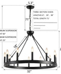 Top Tier 32 Inch Black Wagon Wheel Chandelier With 12 Lights Sleek Round Farmhouse Industrial Ceiling Light Fixture dimensions showing chain lengths.