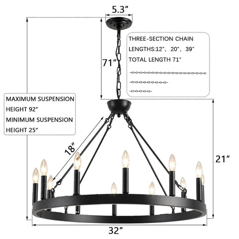 Top Tier 32 Inch Black Wagon Wheel Chandelier With 12 Lights Sleek Round Farmhouse Industrial Ceiling Light Fixture dimensions showing chain lengths.