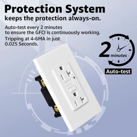 Top Shelf 20 Pack Of 20 Amp Gfci Outlets Featuring Built Tough Weather Resistant Housings And Quick Self Test Triggers For No Drama Outdoor Ground Fault Protection With Wallplates And Screws Included, close-up of GFCI outlet with auto-test feature.