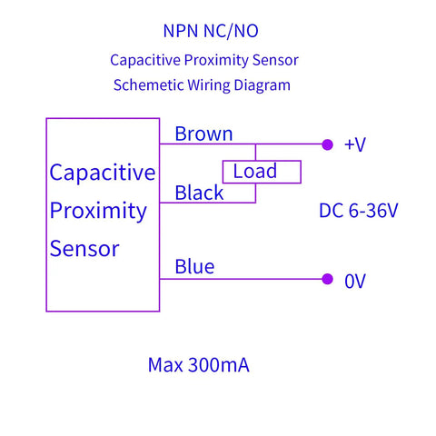 Wiring diagram for Two Pack Capacitive Proximity Sensor Switch M18 6V-36V DC NPN Normally Open 3-Wire 10mm.