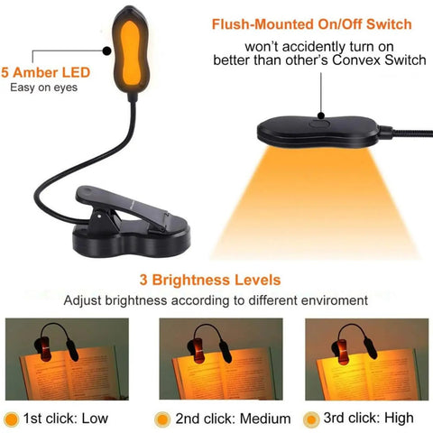 Amber Clip On Book Light With Rechargeable Battery showing amber LED, flush-mounted switch, and 3 brightness levels.