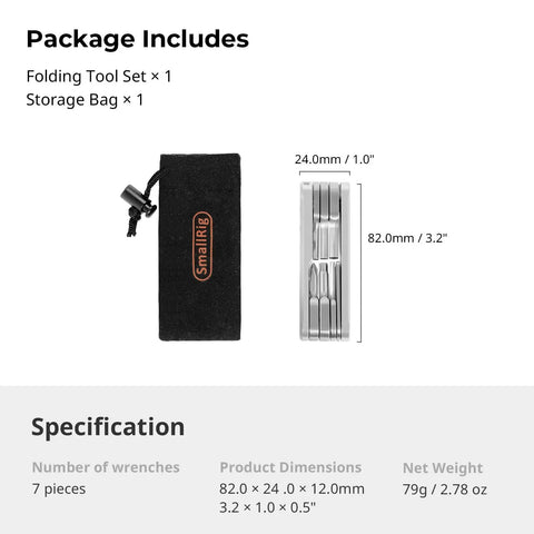 Compact Seven Tool Folding Set With Screwdrivers And Hex Keys For Photographers On The Go, shown with storage bag and dimensions.