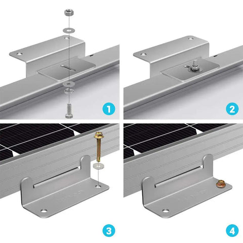 Heavy Duty Aluminum Solar Panel Z Brackets For RV And Boat Roofs Offers Quick Plug And Play Hooks Up With Rust Proof Build Takes Care Of Rough Terrains Effortlessly Full Four Piece Kit In Gray Installation process with components for mounting solar panels.