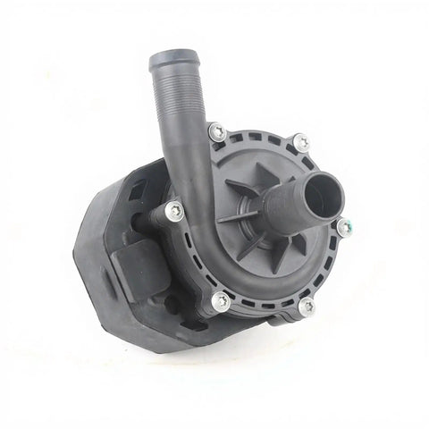 Heavy Duty Electric Water Pump For Tesla Model S Auxiliary Coolant Exchange Cooling System Replacement Built Tough Direct Swap Rapid Fit Bolt On Car Parts OEM Spec, close-up view showing inlet hose and bolts.
