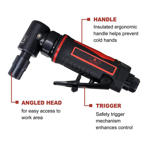 One Quarter Inch Angle Die Grinder With Pistol Grip Air Powered 20000 RPM AP17315 features insulated handle and angled head